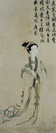 Tušová, lehce kolorovaná kresba čínské ženy v dlouhé róbě, vlevo nahoře nápis v čínském písmu.