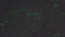 Photograph of Telescopium Herschelii with constellations Gemini, Auriga, Perseus and the Pleiades Telescopium Hherschelii photograph labeled.jpg