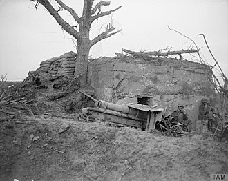 A German concrete pillbox or blockhouse after capture by the Coldstream Guards on the outskirts of Houlthulst Forest, Battle of Poelcappelle, 10 October 1917 The Battle of Passchendaele, July-november 1917 Q6045.jpg