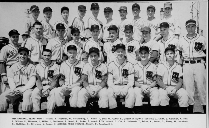 1954 University of Cincinnati baseball team photo with Sandy Koufax (top row, 5th from the left)