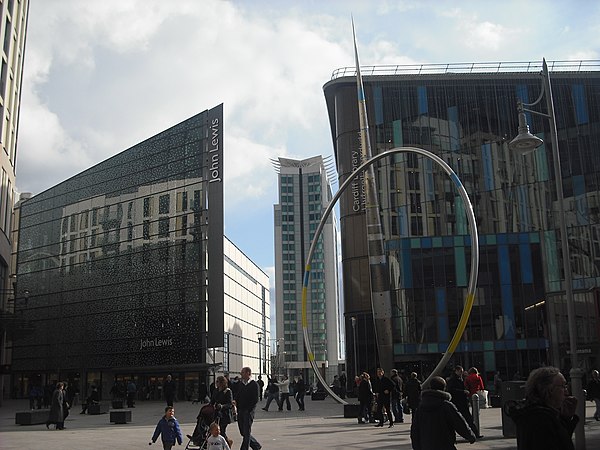 The Hayes, Cardiff with Cardiff Central Library (right)