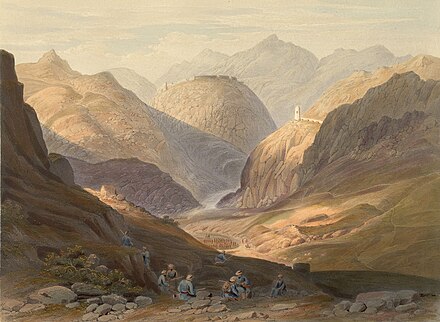 A colonial era lithograph of the Khyber Pass, made in 1848 by James Rattray.