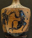 Theseus and the Minotaur. Attic black-figure lekythos, 500–475 BC. From Crimea.