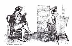 Illustration. Assis face à face, Mr Bennet alderica avec Elizabeth, attentive