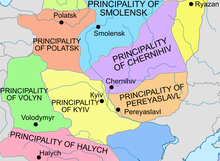 Central Kievan Rus' in 1132, in the middle of the period covered by the Kievan Chronicle Triangle of Kyiv Chernihiv Pereyaslavl 1132.png