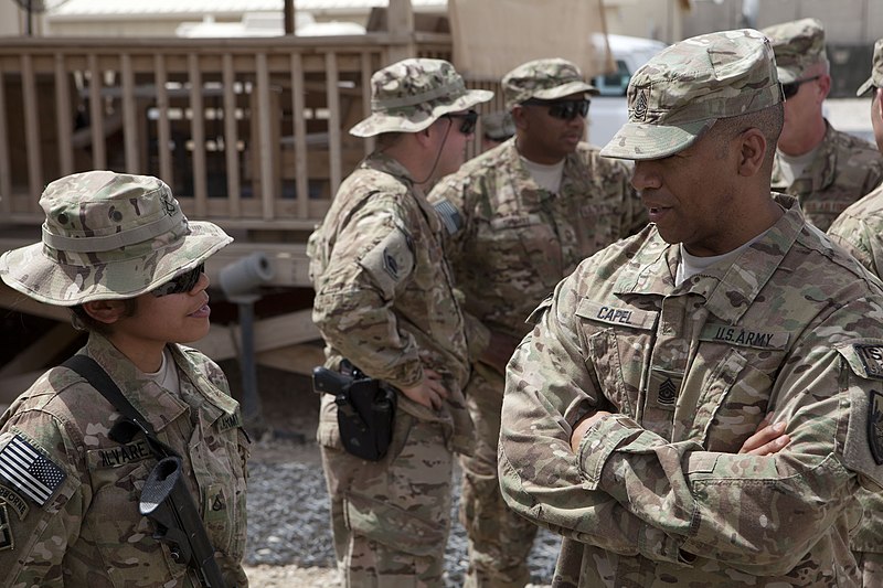 File:U.S. Army Pfc. Phoebe Alvarez, left, an administrative clerk with the 307th Engineer Battalion, and Command Sgt. Maj. Thomas Capel, right, the command sergeant major of the International Security Assistance 130524-M-UF830-033.jpg