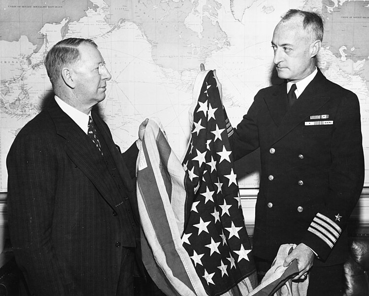 File:U.S. Secretary of the Navy Frank Knox receives the first U.S. flag had been raised over Kwajalein, 29 February 1944 (80-G-44879).jpg