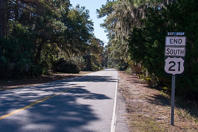 Southern terminus of US 21 at Hunting Island, South Carolina