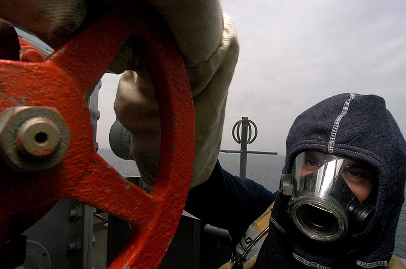 File:US Navy 050308-N-2984R-028 A fire team plug man opens a fire main on the signal bridge during a general quarters (GQ) drill aboard the Nimitz-class aircraft carrier USS Harry S. Truman (CVN 75).jpg