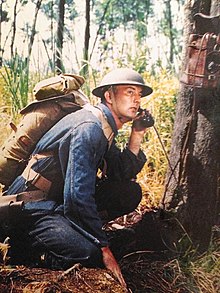 Wearing the full M-1928 (M28) infantry haversack, this US soldier wears the old style blue denim fatigues. US Soldier wearsing the M-1928 infantry haversack..JPG