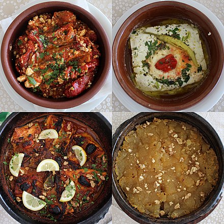 From upleft clockwise: Speca me djathë (pepper casserole), djathë furre me spec djegës (baked cheese with spicy pepper), tavë peshku koran (fish), hasude