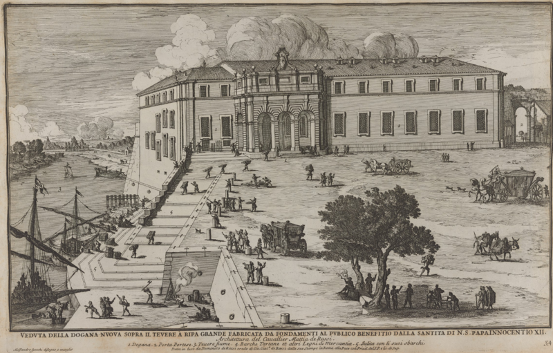 File:Vedutta della Dogana Nuova sopra il Tevere à Ripa Grande fabricata da fondamenti al publico benefitio dalla Santita di N. S. Papa Innocentio XII by Alessandro Specchi (1699).png