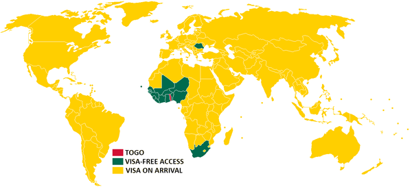 A map showing the visa requirements of Togo