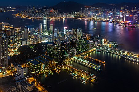 View of the Victoria Harbour from the Sky100, the 100th floor of the International Commerce Centre skyscraper in Kowloon, Hong Kong, China