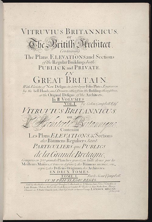 Title page, Vitruvius Britannicus; or, The British architect, containing the plans, elevations, and sections of the regular buildings, both publick an