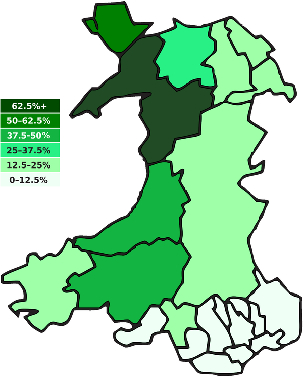 Welshsprekers per hoofdgebied (2011)