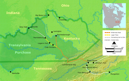 Map showing Cumberland Gap in relation to the Wilderness Road route from Virginia to Kentucky