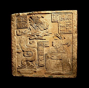 Non-structural Mayan ornamental lintel stone, from the Yaxchilan city site in Chiapas, southern Mexico. (Late Classic period, 600-900 CE).