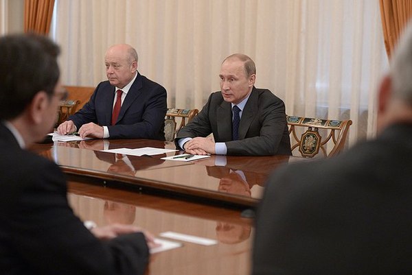 Russian President Vladimir Putin and Mikhail Fradkov, head of the SVR RF from 2007 to 2016