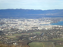 View on Geneva and the Jura mountains from the arrival of the cable car