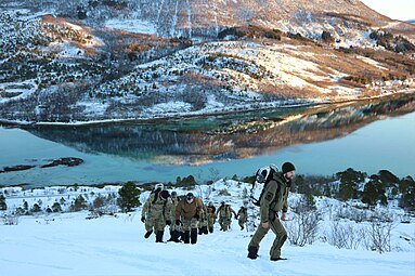 Norwegian Navy and US Navy personnel in the hills above Ramsund in Feb 2017