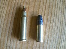 A .17 HMR round with a ballistic tip (left) compared with a .22 Long Rifle round (right) 17HMR and 22LR B.jpg