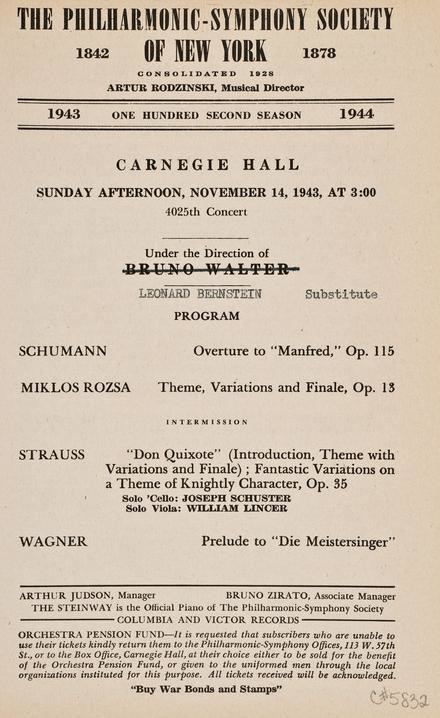 Carnegie Hall playbill, November 14, 1943 Radio announcement: