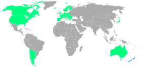 Mapa świata krajów biorących udział w Igrzyskach zaznaczona na zielono i niebiesko.