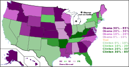 Wykres 50 stanów, pokazujący głosy powszechne w poszczególnych stanach w prawyborach i klubach Demokratów, zacieniony według procentu wygranych.  Zwycięzcy głosowań powszechnych i zwycięzcy delegatów różnili się w New Hampshire, Nevadzie, Missouri, Teksasie i Guam.