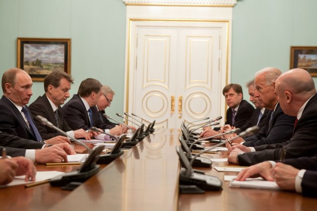 McFaul (end on right) at meeting between U.S. Vice President Joe Biden and Russian Prime Minister Vladimir Putin in Moscow, Russia in March 2011