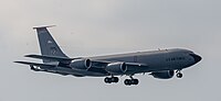 A KC-135R Stratotanker, tail number 63-8888, on final approach at Kadena Air Base in Okinawa, Japan in March 2020. It is assigned to the 909th Air Refueling Squadron at Kadena AB.