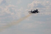 An F-15C Eagle, tail number 86-0160, taking off from RAF Lakenheath in England. The aircraft was assigned to the 493rd Fighter Squadron.