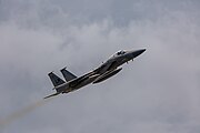 An F-15C Eagle, tail number 86-0166, taking off from RAF Lakenheath in England. The aircraft was assigned to the 493rd Fighter Squadron.