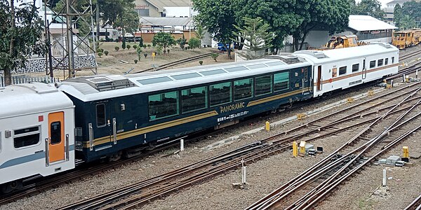 A Panoramic car and "Bali'" tourist car attached to a regular train