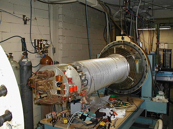 A 1960s single stage 2 MeV linear Van de Graaff accelerator, here opened for maintenance