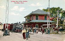 Postcard of Hyannis station, c. 1914 A busy day at the station, Hyannis, Mass..jpg