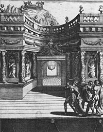 Scène de l'Acte V de Le Martyre de Sainte Catherine, pièce de théâtre de Jean Puget de la Serre jouée pour la première fois en 1643 à l'Hôtel de Bourgogne, Jérôme David, 1643, estampe à l'eau-forte, dans Brockett, Oscar G. (1991). History of the Theatre, sixth edition. Boston: Allyn and Bacon. (ISBN 9780205128686) p. 217.