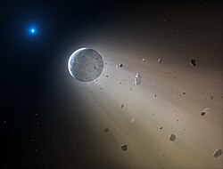 Artist concept of a rocky planetary object being vaporized by its parent star Artist's impression of a white dwarf devouring a minor planet.jpg