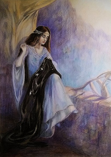 Arwen sewing Aragorn's banner of the White Tree of Gondor by Anna Kulisz, inspired by Edmund Leighton's 1911 Stitching the Standard