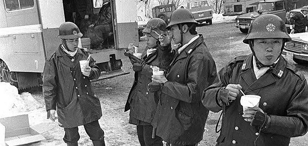 A riot police unit eating Cup Noodles during the Asama-Sansō incident