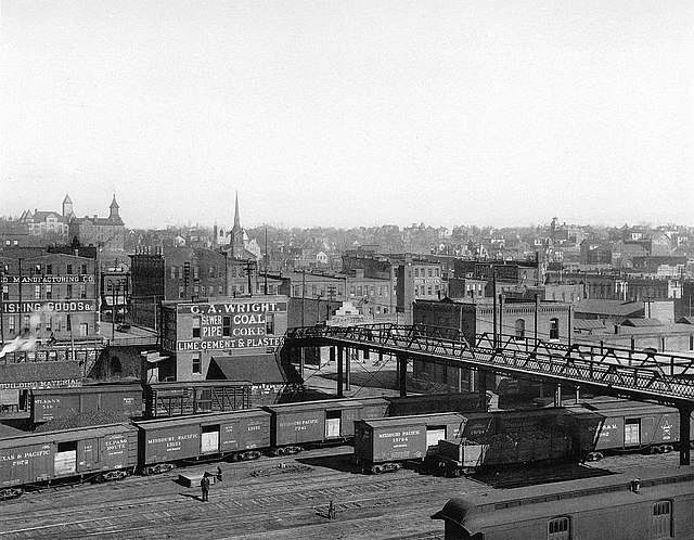 Looking north at the rail yard beneath the lower Sixth Street viaduct, circa 1880-1900