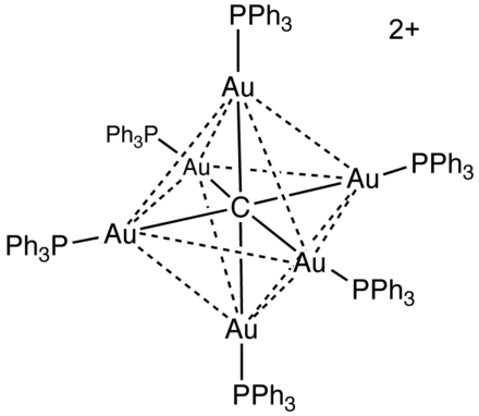 The complex [Au6C(P Ph3)6]2+, containing a carbon-gold core