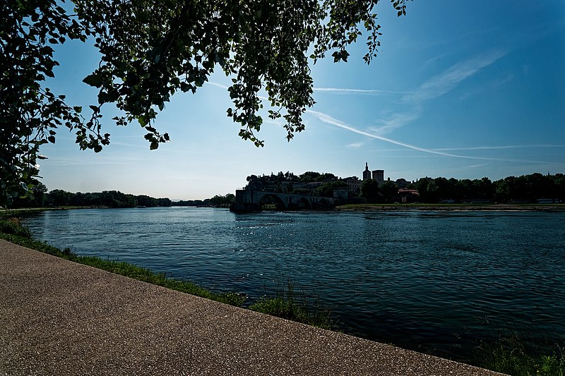 File:Avignon - Île de Piot - Chemin des Berges - Rhône river bank - Panorama View on Pont Saint Bénézet (Pont d'Avignon), Jardin des doms, Avignon Cathedral, Palais des Papes & Ramparts 05.jpg
