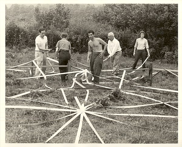 Buckminster Fuller and students assemble a geodesic dome, 1948