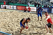 Deutsch: Beachhandball Europameisterschaften 2019 (Beach handball Euro); Tag 1: 2. Juli 2019 – Männer, Vorrunde Gruppe D, Frankreich-Montenegro 2:0 (19:7, 18:9) English: Beach handball Euro; Day 1: 2 July 2019 – Men Preliminary Round Group D – France-Montenegro 2:0 (19:7, 18:9)