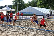 Deutsch: Beachhandball Europameisterschaften 2019 (Beach handball Euro); Tag 1: 2. Juli 2019 – Männer, Vorrunde Gruppe D, Frankreich-Montenegro 2:0 (19:7, 18:9) English: Beach handball Euro; Day 1: 2 July 2019 – Men Preliminary Round Group D – France-Montenegro 2:0 (19:7, 18:9)