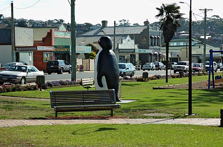 Park by the beach, the Big Penguin, and shops on Main St.