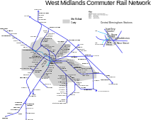 Map of the passenger rail and tram network in the Birmingham & West Midlands area Birmingham & West Mids Passenger Railway Map.svg