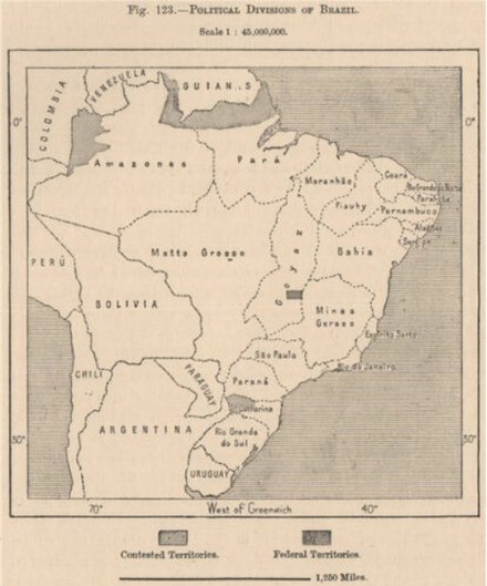 By 1889, most of Brazil's borders had been established by international treaties, with a few contested areas.[B]