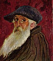 Self-Portrait with Beret and Spectacles . 1898. oil on canvas medium QS:P186,Q296955;P186,Q12321255,P518,Q861259 . 35 × 32 cm (13.7 × 12.5 in). New York, Private collection Vogel institution QS:P195,Q768717 .